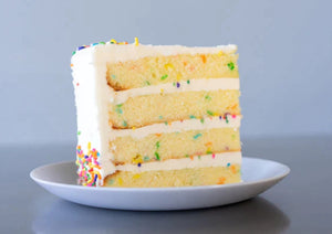 vanilla confetti cake pre-sliced